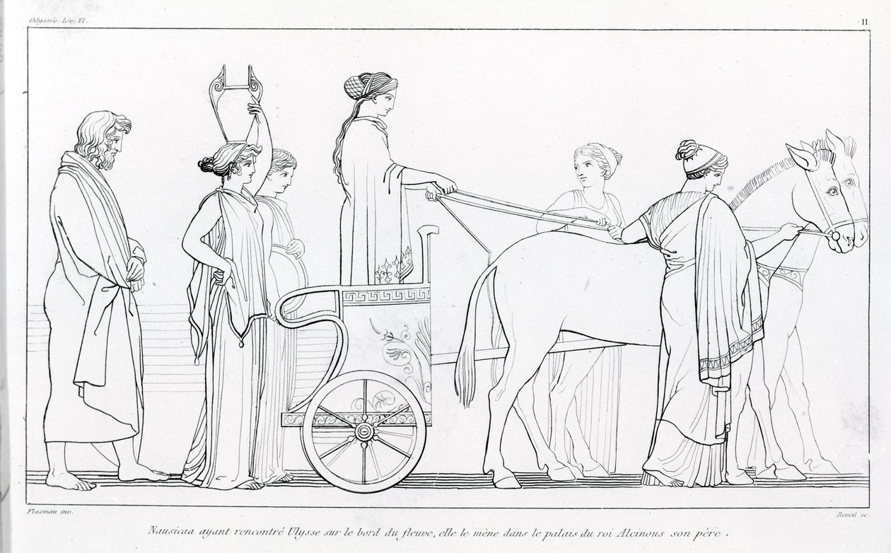 Nausikaa, die gerade Odysseus getroffen hat, bringt ihn zurück zum Palast ihres Vaters, König Alkinoos. Zeichnung von John Flaxman (1755 - 1826). Homers Odyssee. Gesang VI. von John Flaxman