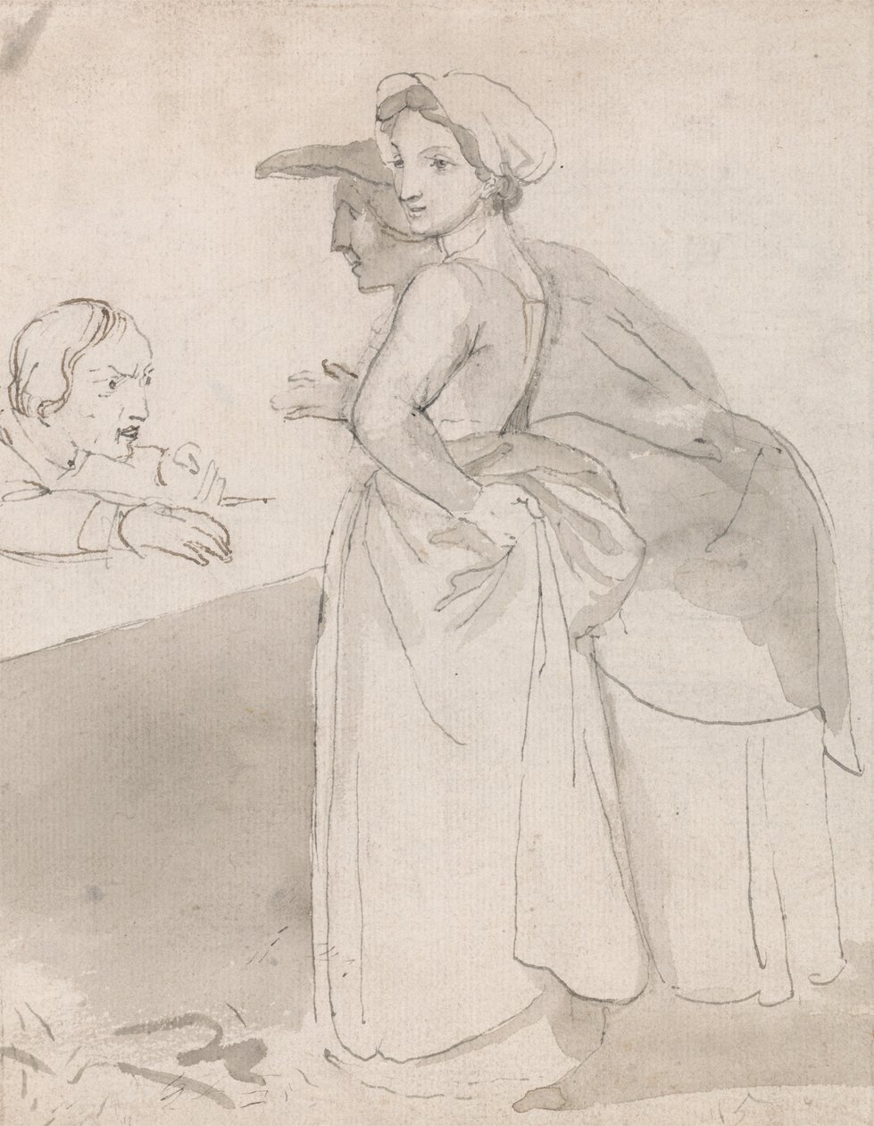 Zwei Frauen sprechen mit einem Mann an einem Tresen von John Flaxman
