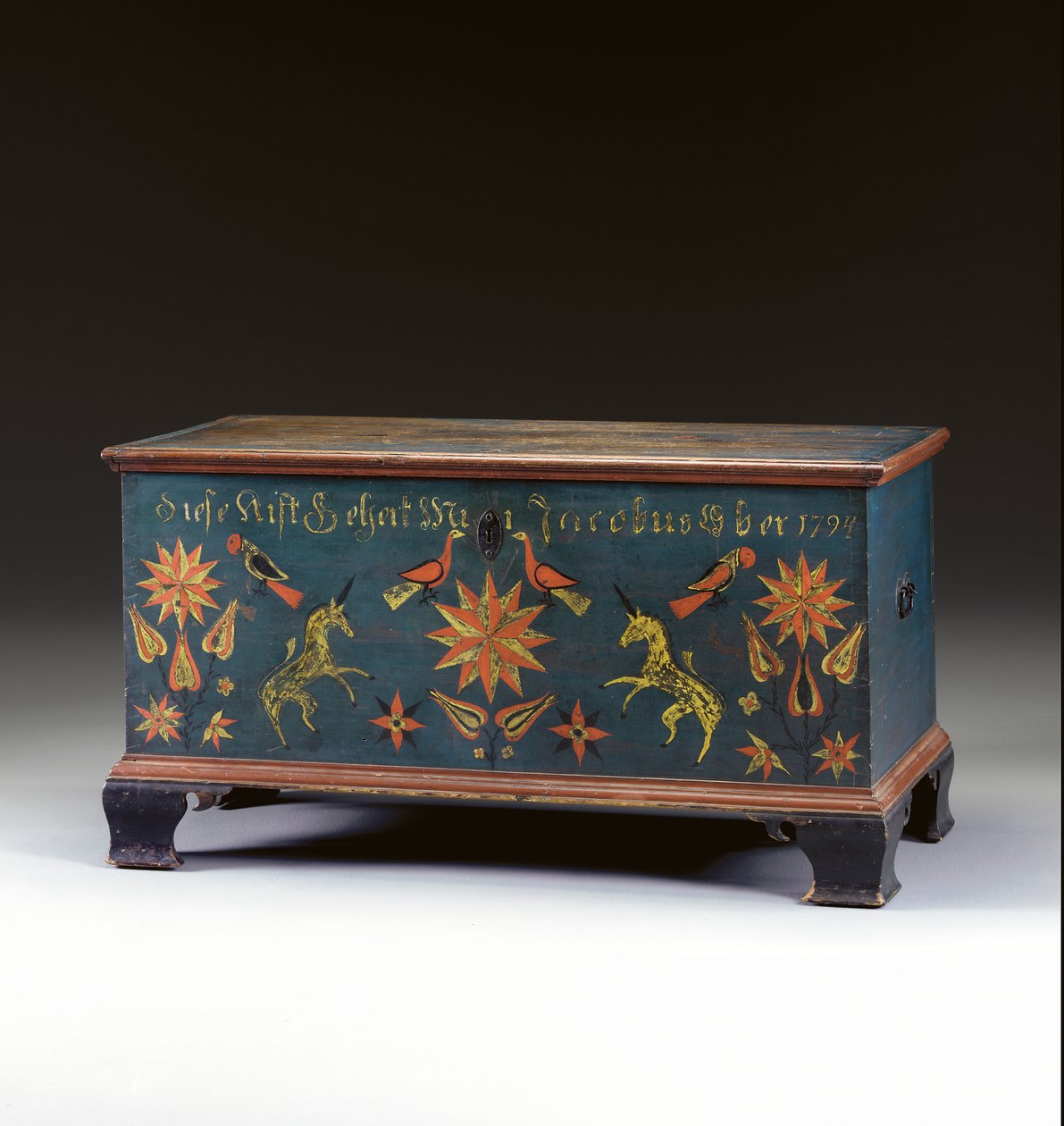 Dekorierte Truhe mit Klappdeckel, hergestellt für Jacob Ober, Rapho Township, Lancaster County, Pennsylvania, USA, 1794 von John Flory