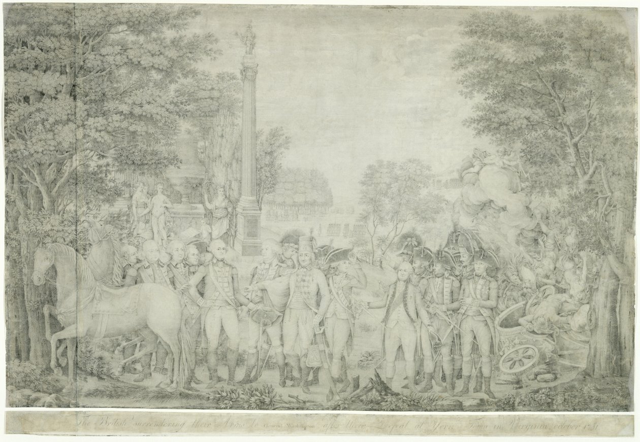 Die Briten übergeben ihre Waffen an General Washington nach ihrer Niederlage in Yorktown, Virginia, Oktober 1781, 1810-1815 von John Francis Renault