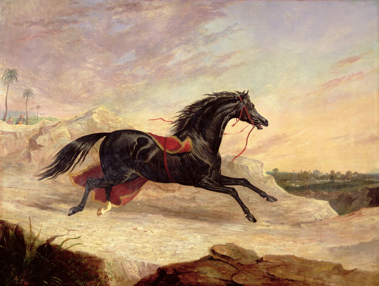 Araber jagen ein loses arabisches Pferd in einer östlichen Landschaft von John Frederick Herring Senior