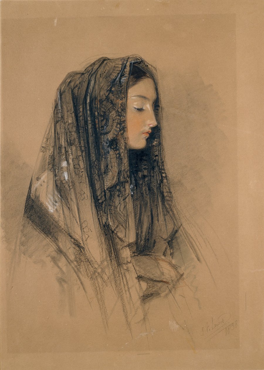 Kopf eines italienischen Mädchens in einer Mantilla, 1838 von John Frederick Lewis