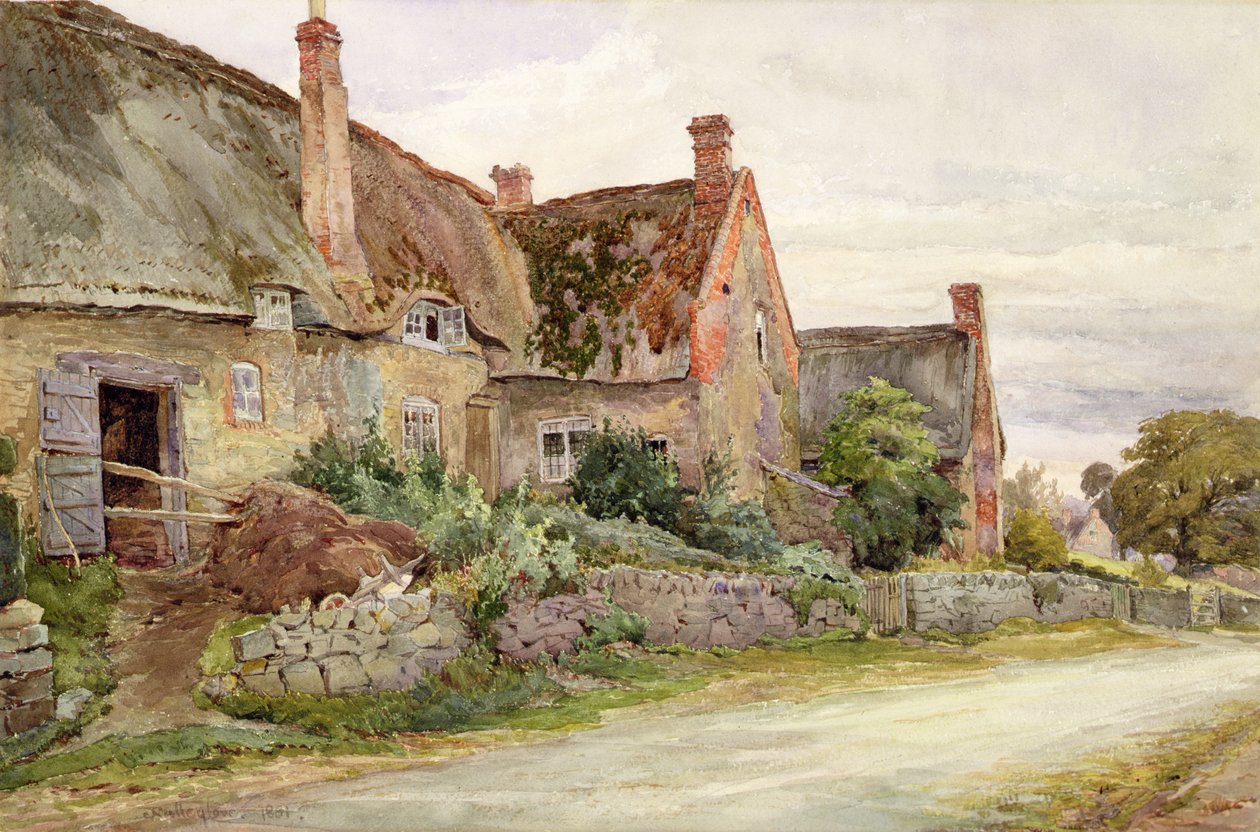 Reetgedecktes Cottage mit angrenzender Scheune, 1881 von John Fulleylove