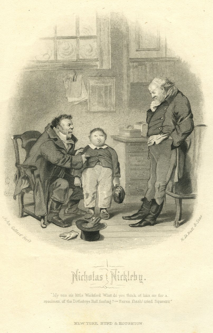 Nicholas Nickleby: Wackford Squeers und junger Wackford Squeers, graviert von H.B. Hall und Söhne, 1867 von John Gilbert