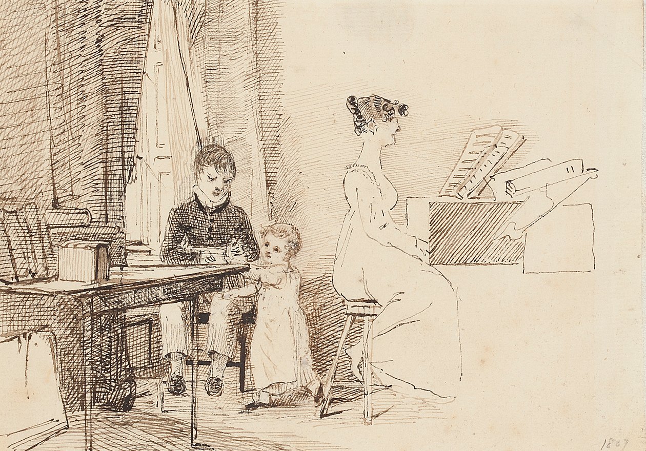 Zwei Kinder und eine Frau am Klavier, 1807 von John Harden