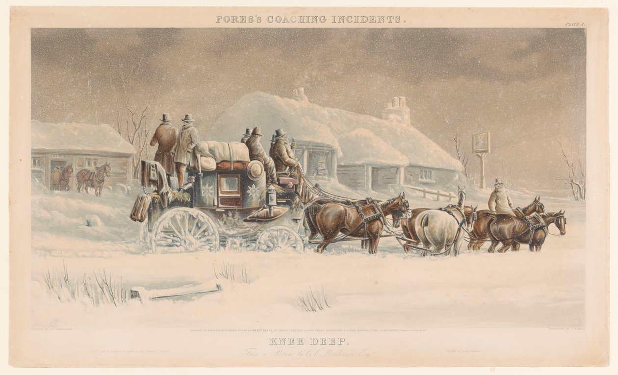 Kutsche mit sechs Pferden im Schnee in einer Winterlandschaft von John Harris