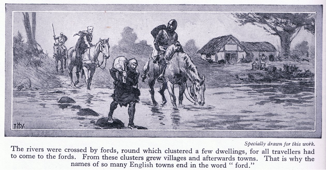 England im Mittelalter. Flüsse wurden durch Furten überquert, um die sich einige Häuser und Dörfer gruppierten von John Harris Valda