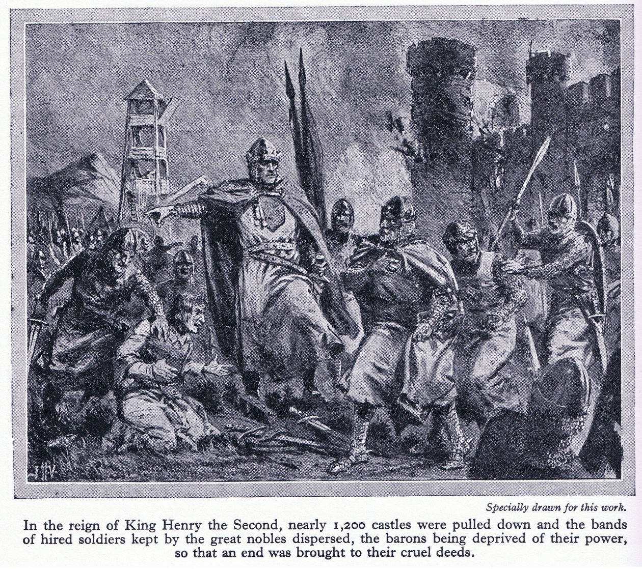 In der Regierungszeit von König Heinrich II. wurden fast 1200 Burgen abgerissen, wodurch die Barone ihrer Macht beraubt wurden, ca. 1950 von John Harris Valda