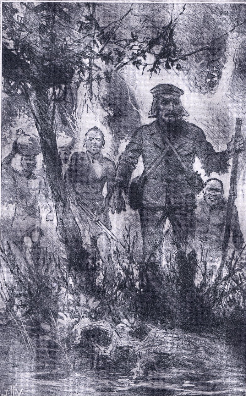 Livingstone schoss auf den Löwen, aber der Löwe griff ihn an, biss seine Schulter und brach seinen linken Arm, Newnes Pictorial Knowledge von John Harris Valda