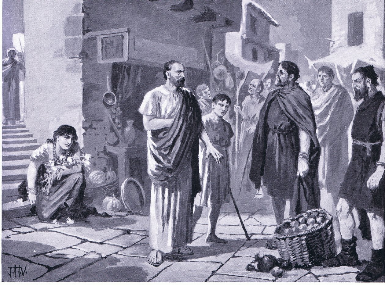 Römische Kolonisatoren handeln mit einheimischen Daker, Illustration aus Hutchinsons Geschichte der Nationen, Band 4, ca. 1920er Jahre von John Harris Valda