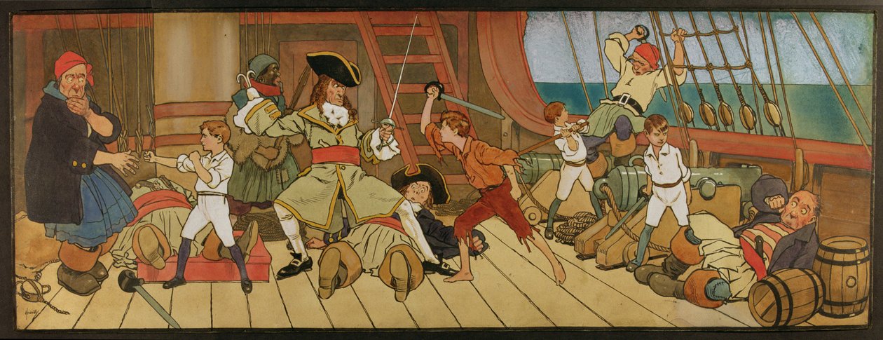 Die verlorenen Jungen im Kampf mit den Piraten und Peter im letzten Duell mit Captain Hook, Illustration aus 