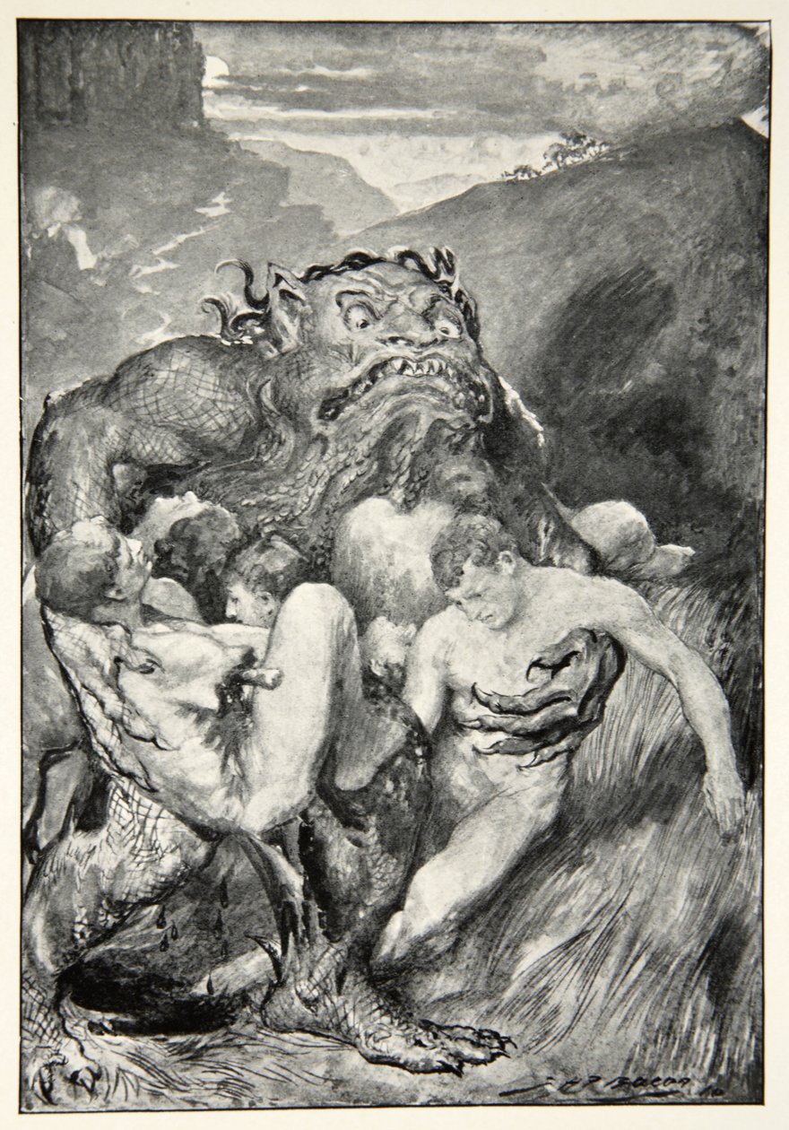 Der Dämon des Bösen, mit seinem wilden Rachen, gierig nach ihnen greifend, aus 