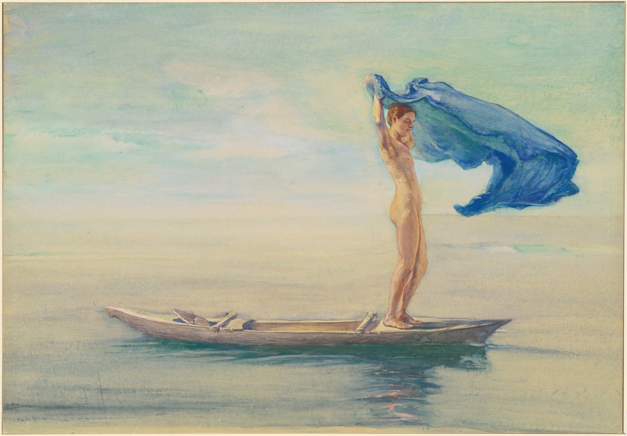 Mädchen im Bug eines Kanus, das ihr Lendentuch als Segel ausbreitet, Samoa von John La Farge