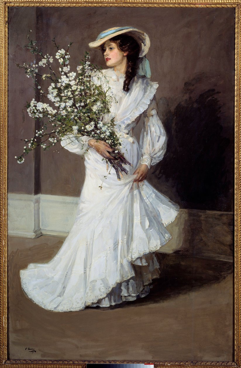 Frühling. Allegorie des Frühlings: Porträt einer Frau in Weiß mit einem Blumenstrauß von John Lavery