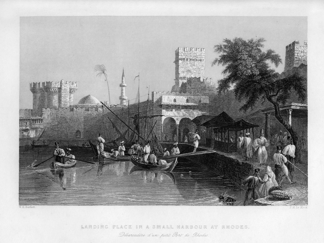 Ein Landeplatz in einem kleinen Hafen auf Rhodos, Griechenland, 1841 von John Le Keux
