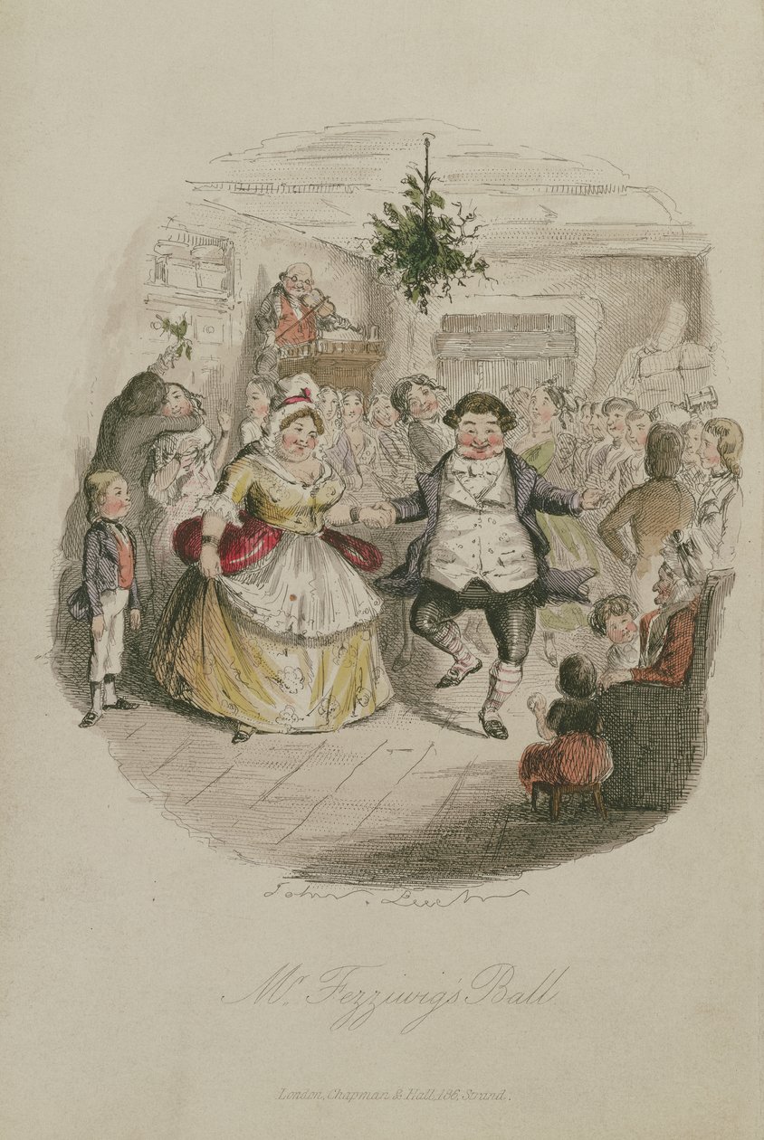 Mr. Fezziwigs Ball, Illustration aus Eine Weihnachtsgeschichte von Charles Dickens, veröffentlicht 1843 von John Leech