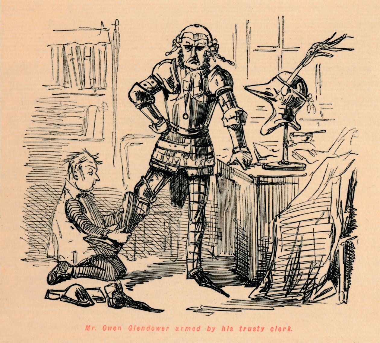 Mr. Owen Glendower bewaffnet von seinem treuen Schreiber, um 1860 von John Leech
