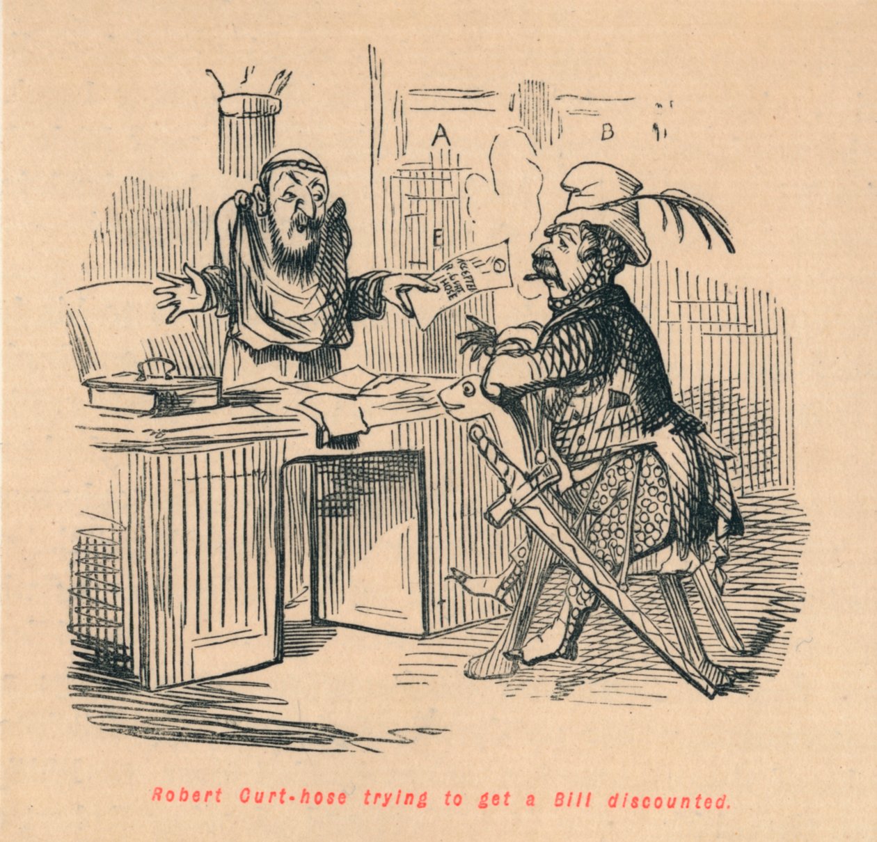 Robert Curthose versucht, eine Rechnung zu diskontieren, um 1860 von John Leech