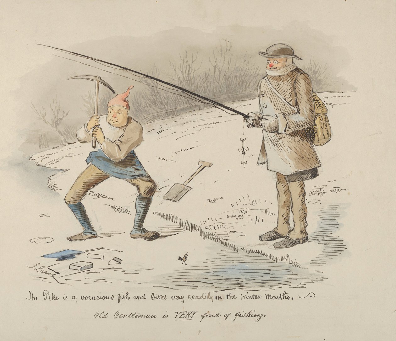 Der Hecht ist ein gefräßiger Fisch und beißt im Winter bereitwillig - Alter Herr, 1830-64 von John Leech