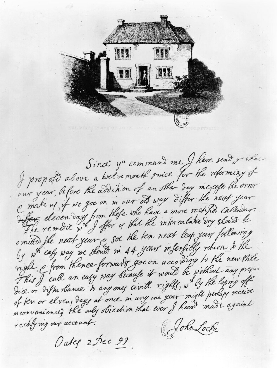 Faksimile eines Briefes, der das Haus zeigt, in dem Locke (1632-1704) in Wrington, Somerset, geboren wurde von John Locke