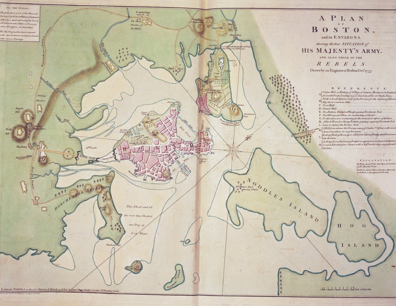 Plan von Boston und seiner Umgebung, der die Position der britischen Streitkräfte und der amerikanischen Rebellen zeigt, gezeichnet im Oktober 1775, gedruckt in 