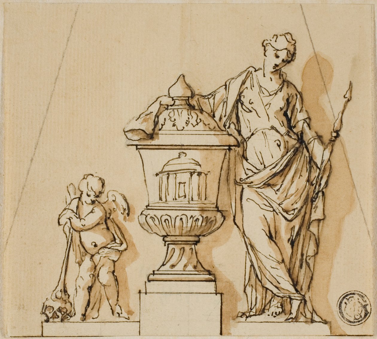 Entwurf für ein Grabdenkmal mit Schicksal, Putto und Urne von John Michael Rysbrack