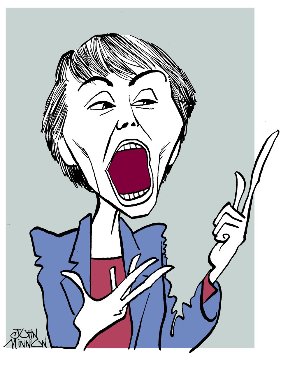 Camille Paglia - Karikatur mit offenem Mund von John Minnion