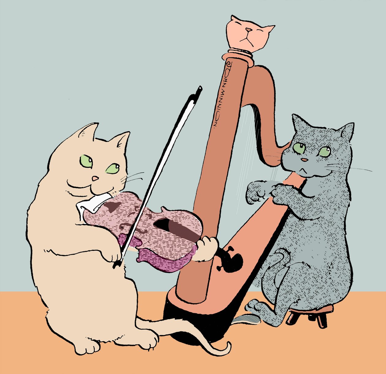 Karikatur von zwei Katzen, die Harfe und Bratsche spielen von John Minnion