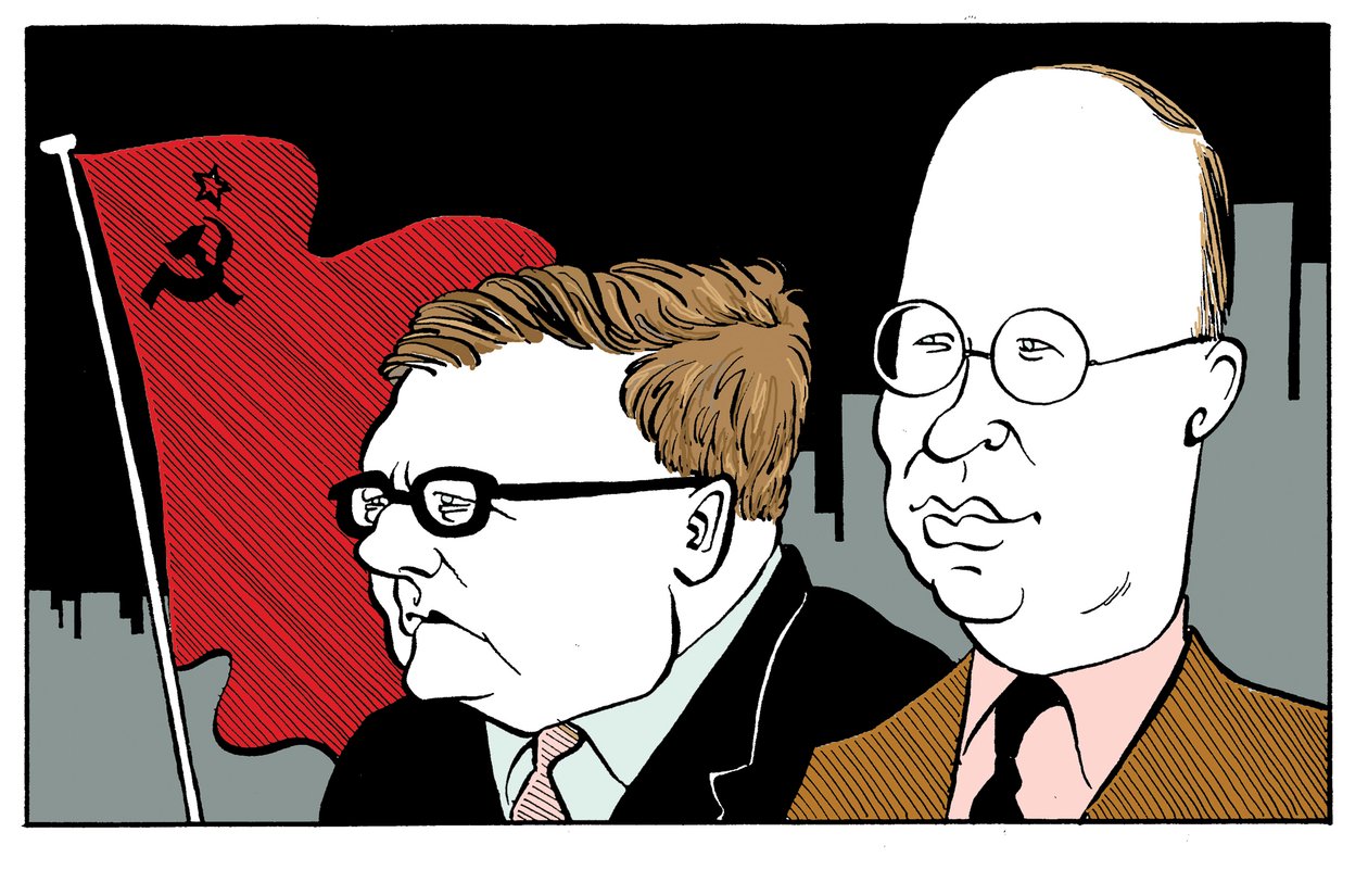 Dmitri Schostakowitsch mit Sergei Prokofjew mit sowjetischer Flagge von John Minnion