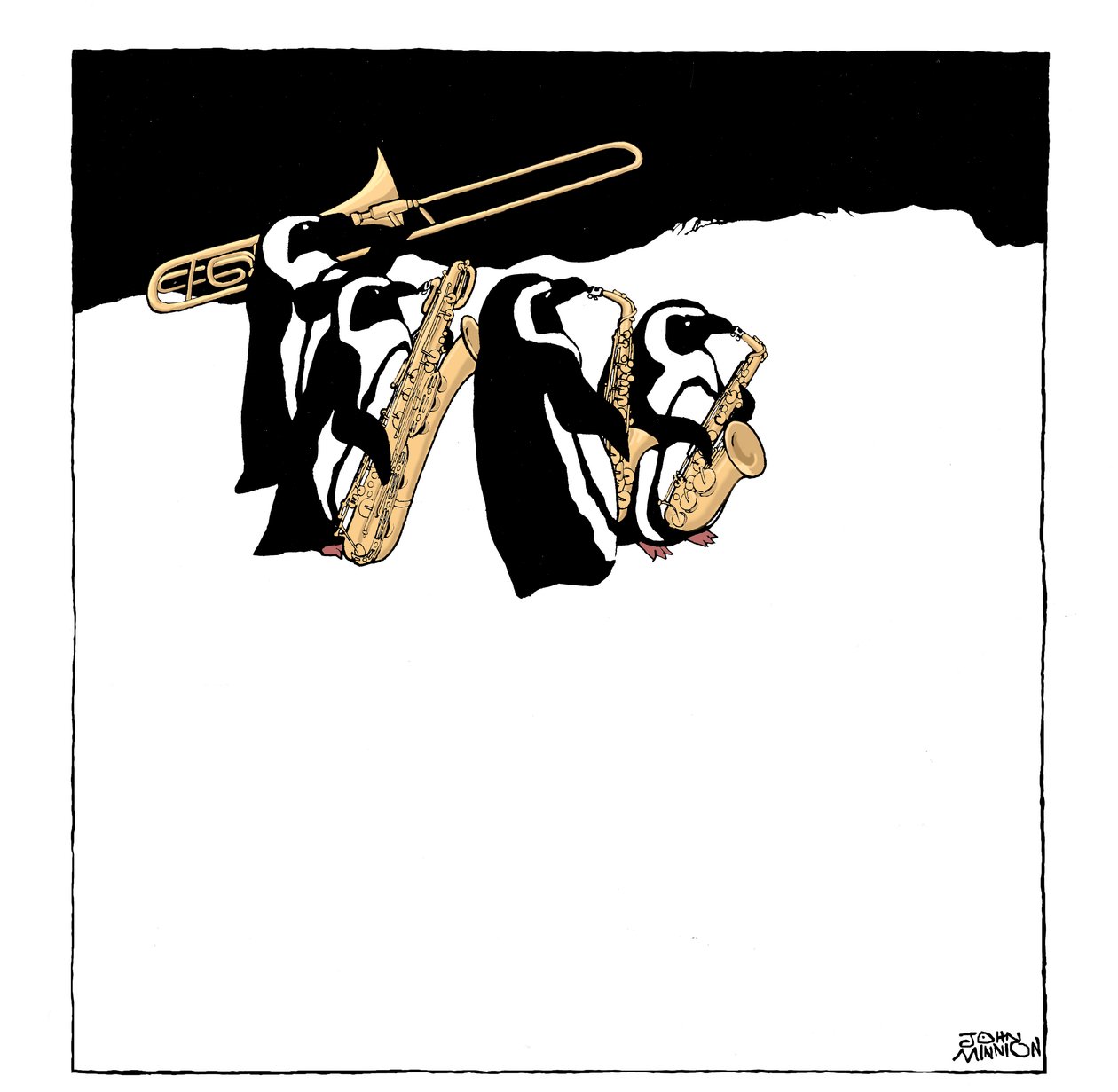 Pinguinband, Karikatur einer Gruppe von Pinguinen, die Blechblasinstrumente spielen - Posaune und Saxophone von John Minnion