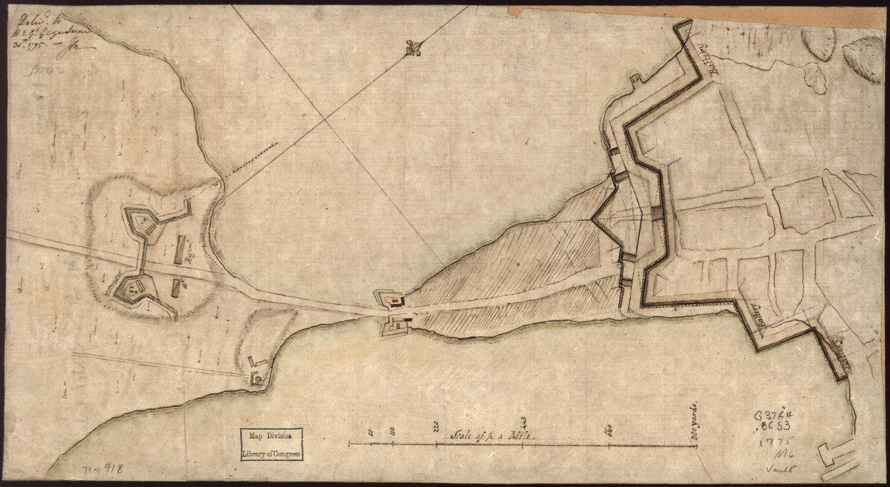 Plan des "Neck" und Befestigungen, übergeben an H.E. Gl. Gage, 30. Juni 1775 von John Montresor