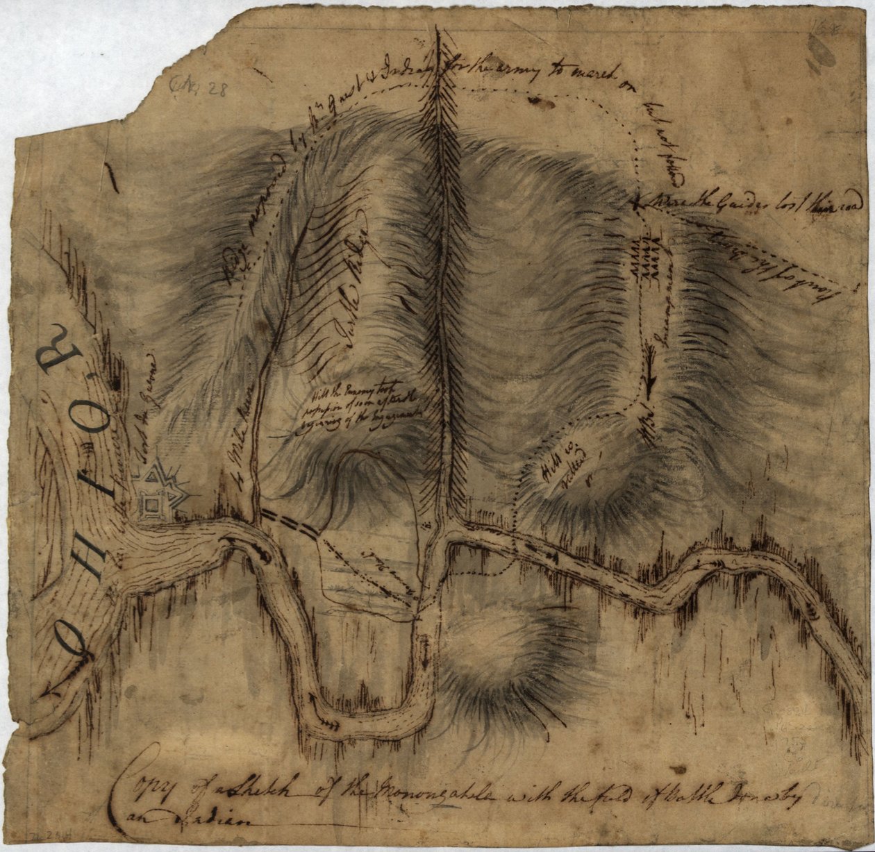 Kopie einer Skizze der Monongahela mit dem Schlachtfeld von John Montresor