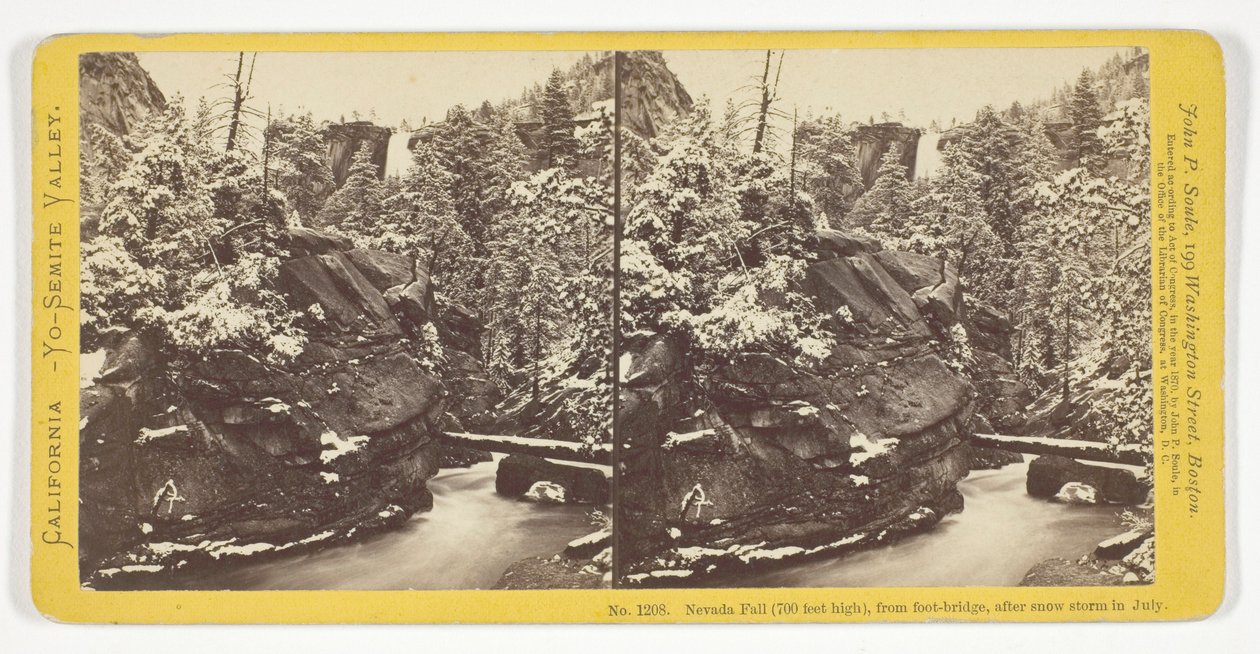 Nevada Fall (700 Fuß hoch), von der Fußbrücke, nach Schneesturm im Juli, Nr. 1208 aus der Serie "Kalifornien -- Yosemite-Tal" von John P. Soule