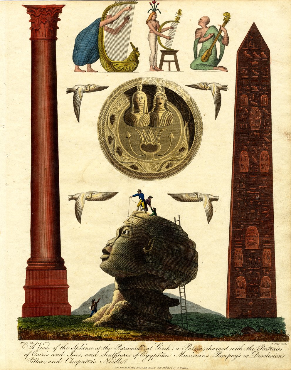 Ansicht der Sphinx bei den Pyramiden von Gizeh: eine Patera mit den Porträts von Osiris und Isis; und Skulpturen ägyptischer Musiker; Pompeius- oder Diokletianssäule; und Kleopatras Nadel von John Pass