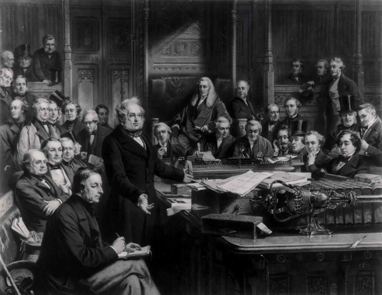 Das Unterhaus im Jahr 1860: Lord Palmerston spricht das Haus während der Debatte über den Vertrag mit Frankreich an, graviert von Falkner, 1863 von John Phillip
