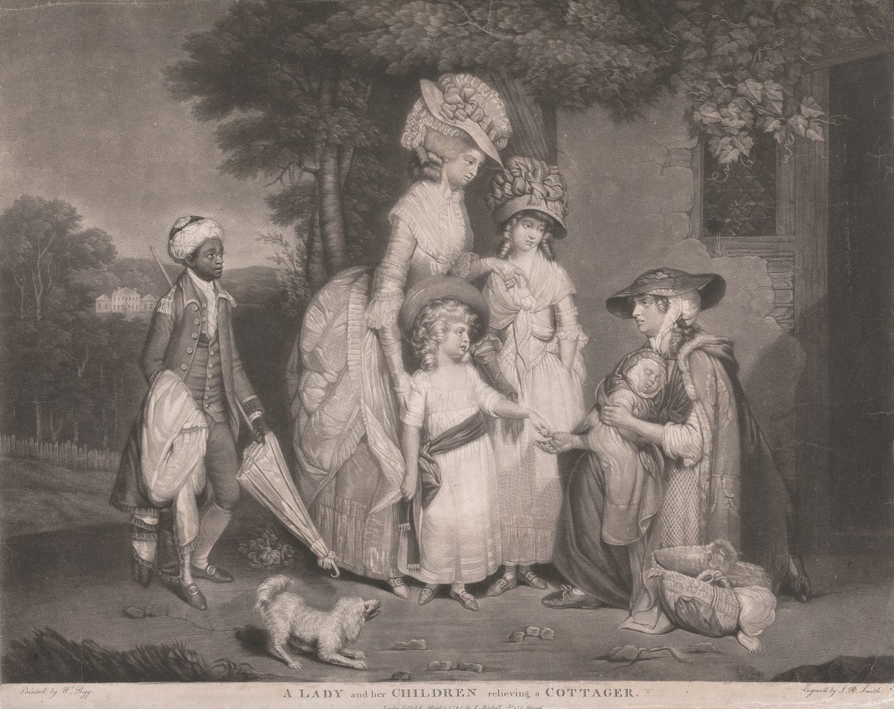 Eine Dame und ihre Kinder helfen einem Landbewohner von John Raphael Smith