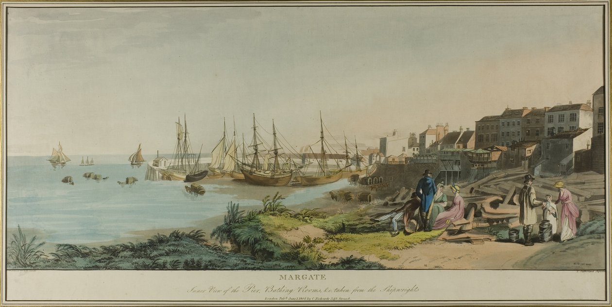 Margate, Innenansicht des Piers, Badehäuser und vom Schiffbauer aus gesehen von John Raphael Smith