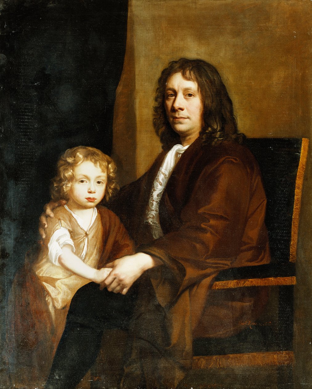 Porträt von Thomas Rowe und seinem Sohn, sitzend, dreiviertel Länge, der Erstere in einem braunen Gewand, der Letztere in einem braunen Kleid und Umhang von John Riley