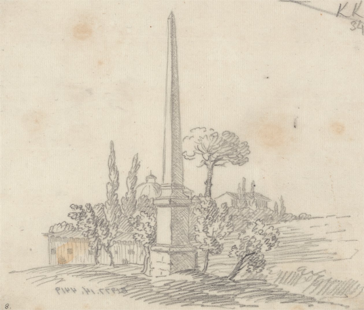 Ein Obelisk mit Dächern und Bäumen in der Ferne von John Robert Cozens
