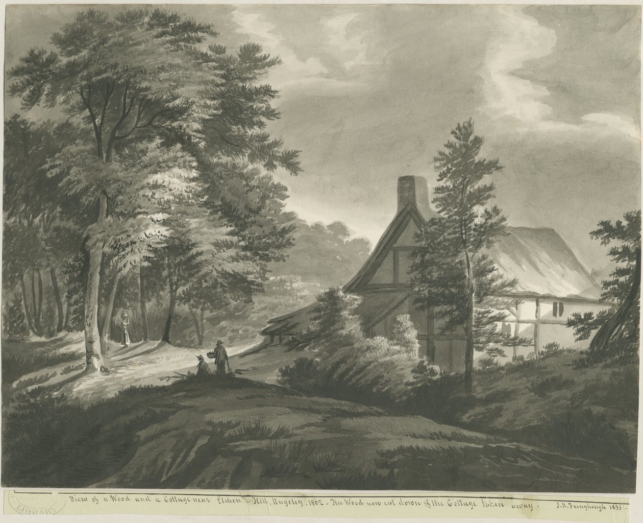 Rugeley - Cottage in der Nähe von Etchinghill: dunkle Sepia-Waschzeichnung, 1835 von John Robert Fernyhough