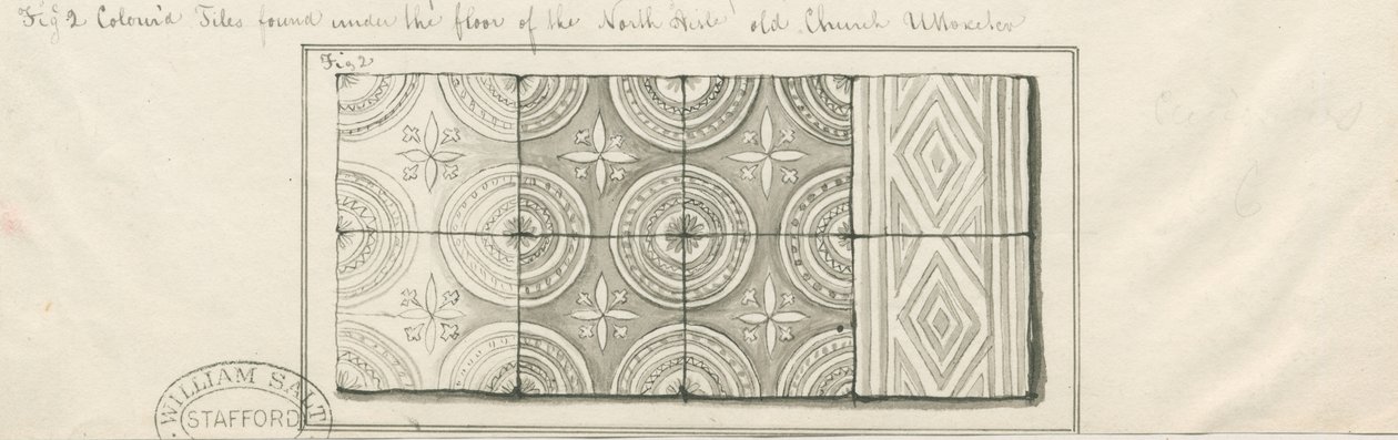 Uttoxeter Kirche - Farbige Fliesen unter dem Boden des Nordschiffs gefunden: Feder- und Tuschzeichnung, undatiert [ca. Mitte 19. Jh.] von John Robert Fernyhough