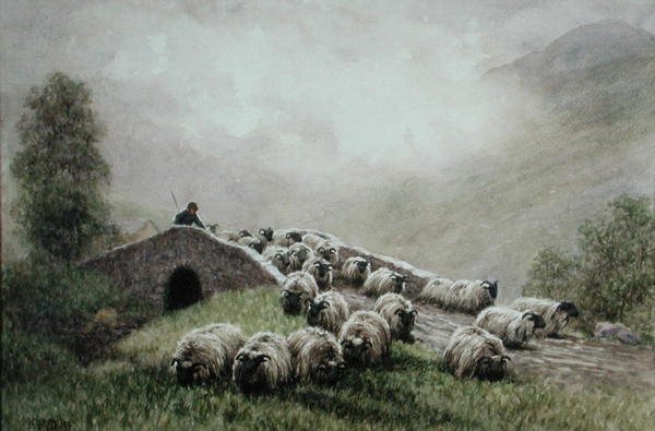 Hochlandbrücke mit Schäfer und Herde von John Robert Keitley Duff
