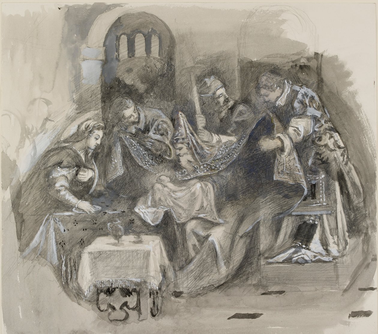 Zeichnung von Tintorettos Beschneidung in der Scuola Grande di San Rocco, August 1869 von John Ruskin
