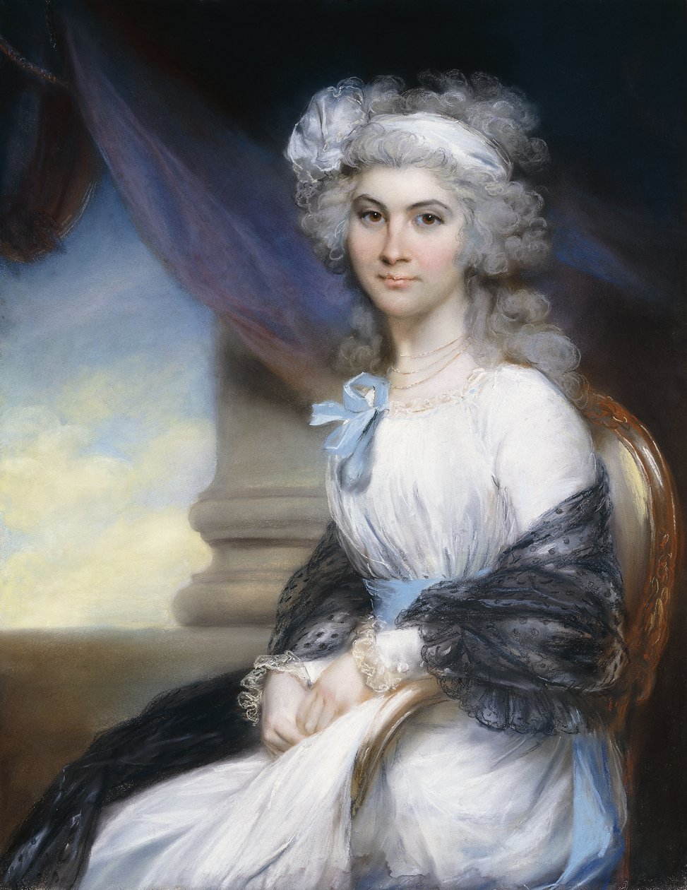 Porträt von Miss Sophia Vansittart, dreiviertel Länge, trägt ein weißes Kleid mit einem weißen Band um ihr gepudertes Haar und einen schwarzen Schal um ihre Schultern, sitzt neben einer klassischen Säule von John Russell