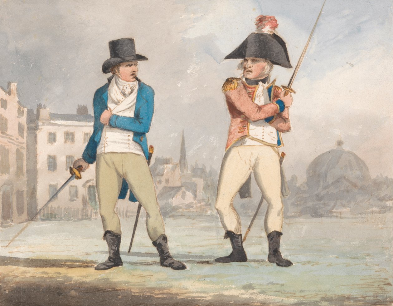 Karikatur von zwei Männern mit gezogenen Schwertern (eine von drei) von John Sell Cotman
