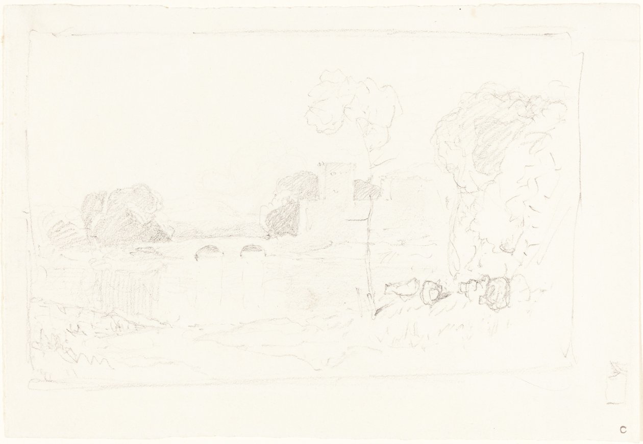 Landschaftsskizze mit Brücke und Schloss von John Sell Cotman