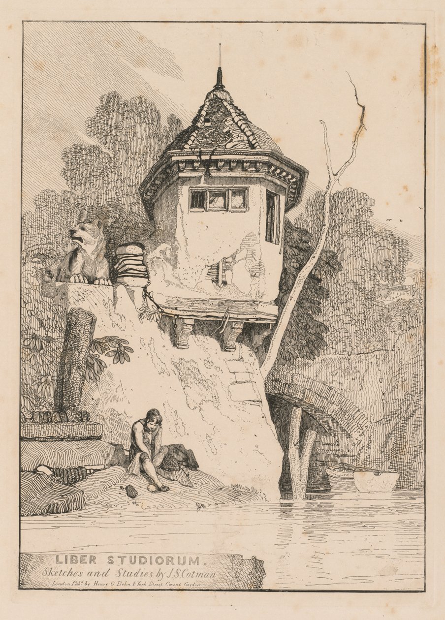 Liber Studiorum; Frontispiz, Ansicht eines Gartenhauses am Ufer des Flusses Yare von John Sell Cotman