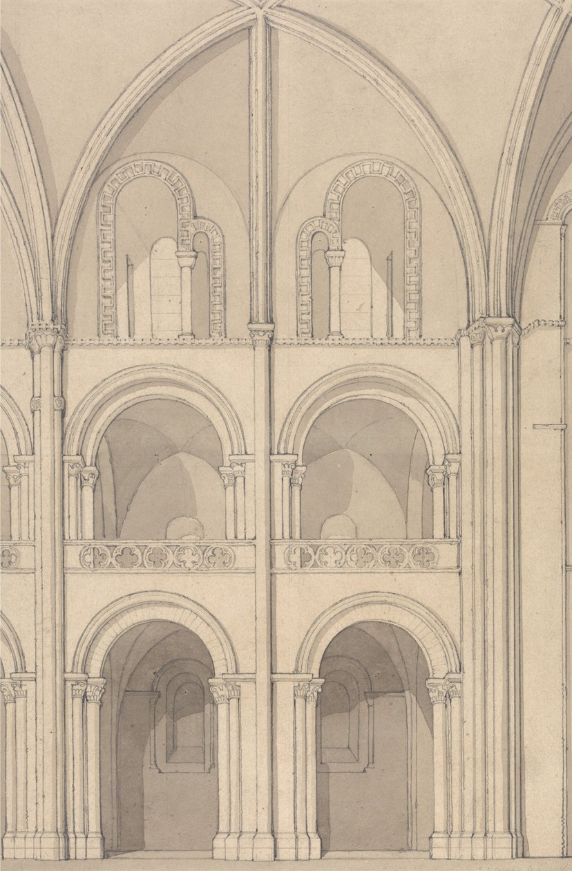 Perspektivische Erhebung eines Teils der Abteikirche von Saint Stephen in Caen, Normandie von John Sell Cotman