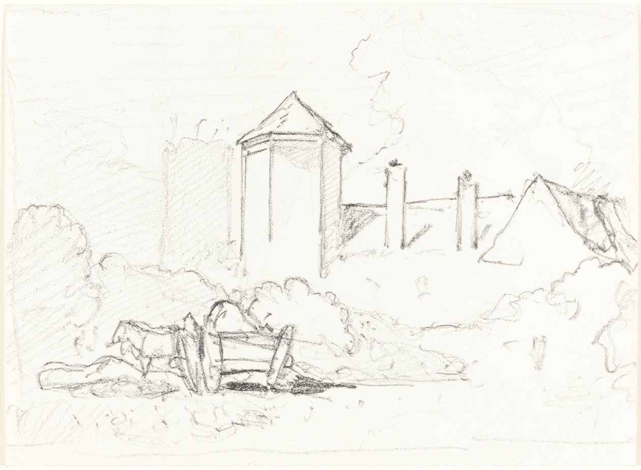 Skizze von Gebäuden mit Wagen und Pferden im Vordergrund von John Sell Cotman