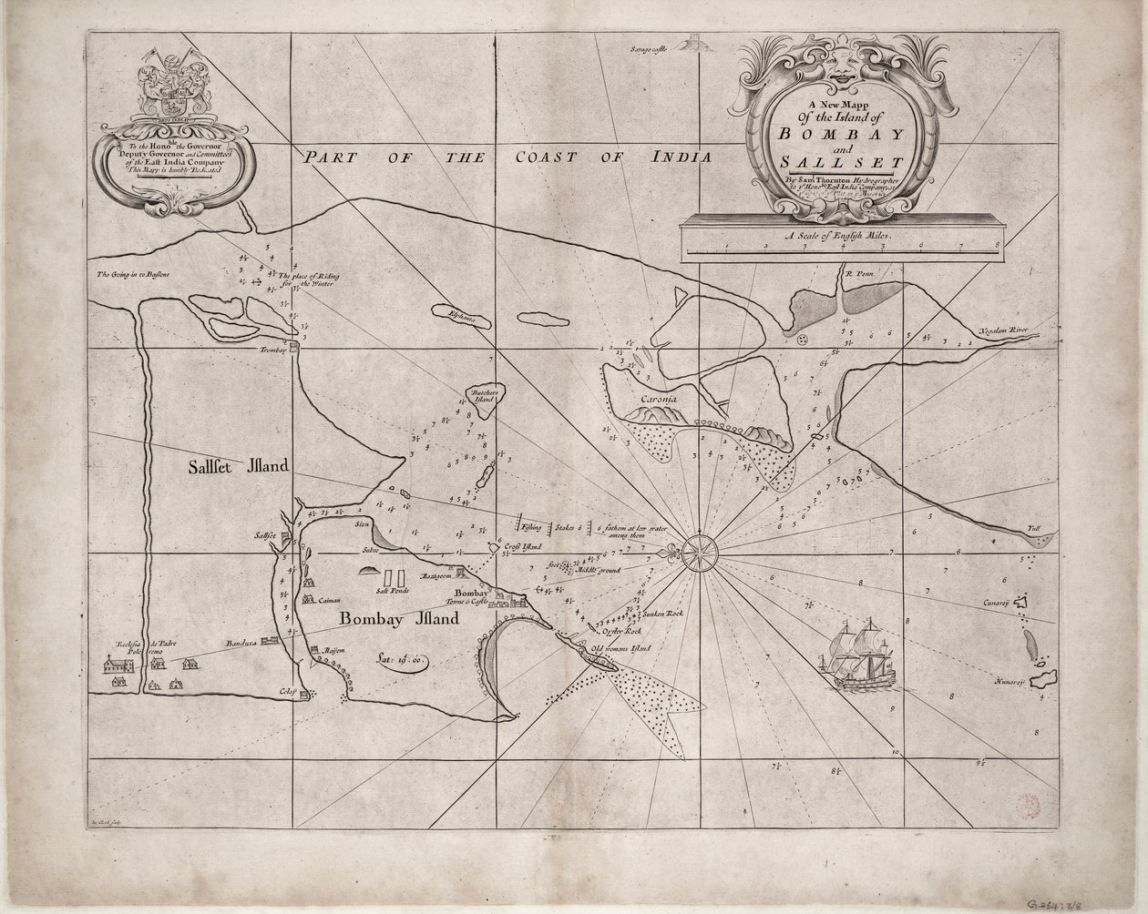 Karte von Bombay und Sallset von Samuel Thornton, Hydrograph der East India Company, erstmals veröffentlicht um 1685 von John Seller